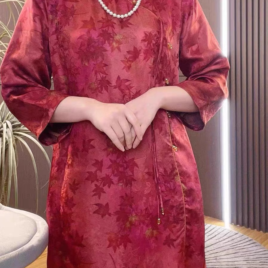 品优-国风九分袖立领盘扣复古改良旗袍连衣裙10194-敏敏