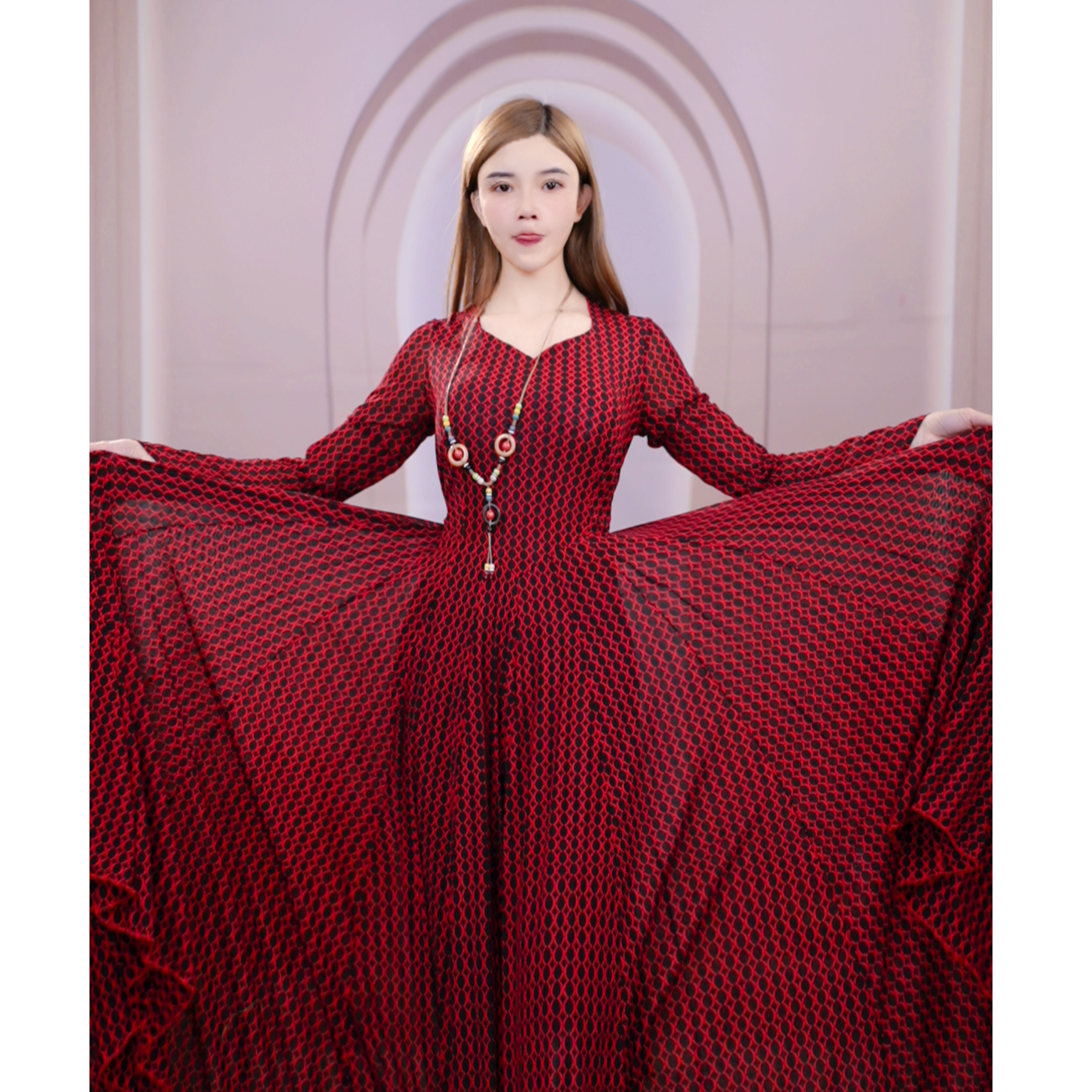 新疆舞蹈服新款长袖《火凤凰》连衣裙新款时尚百搭修身720