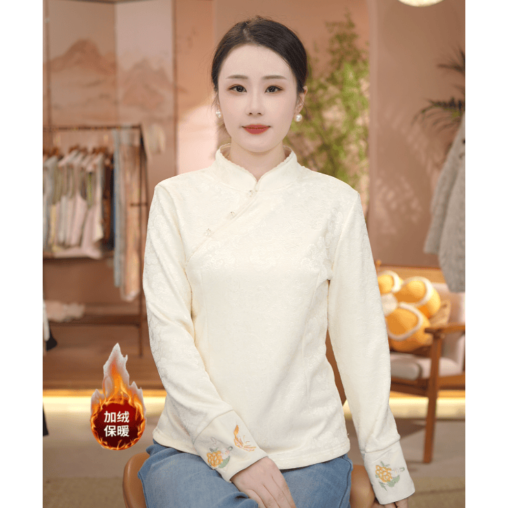 《春闻啼-加绒打底衫》2025年秋冬纯色刺绣简约显瘦立领高级感时