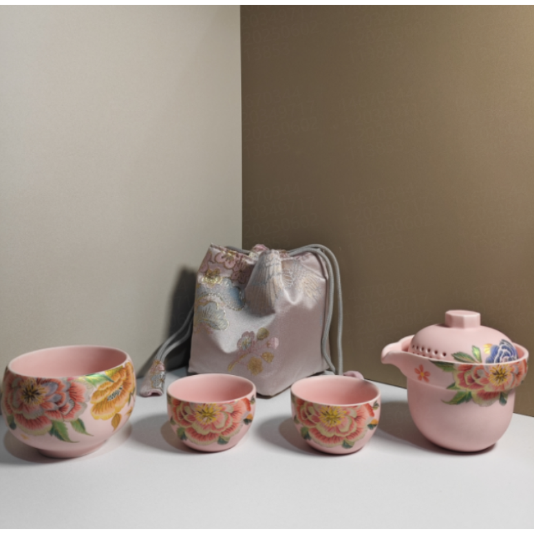 KK0643-粉色刺绣花一壶三杯配包