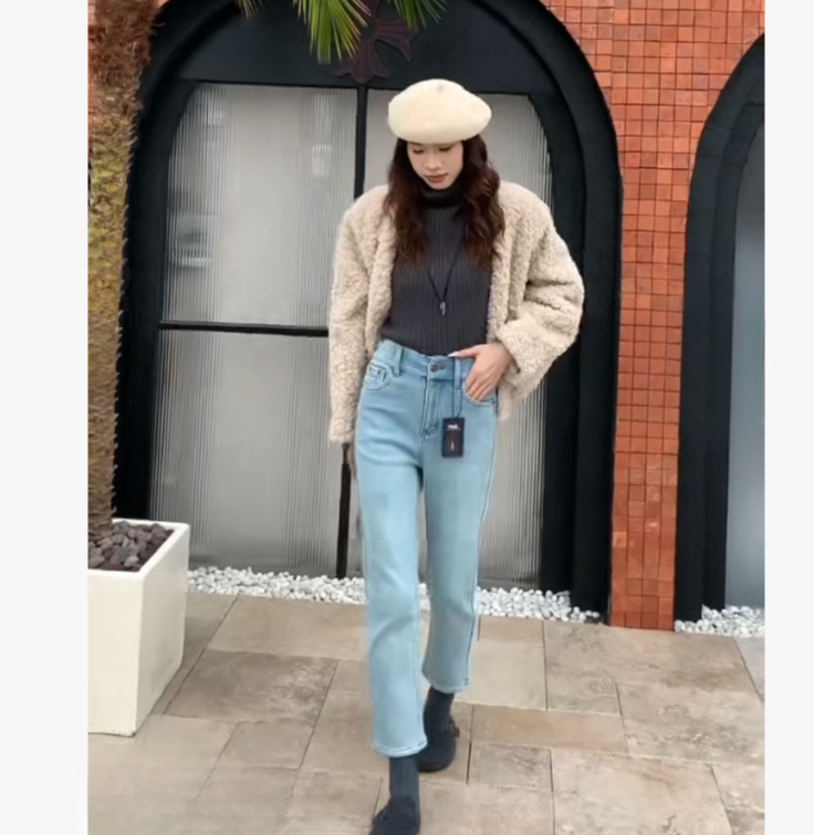 绒裤女高个子梨形身材裤子冬季显瘦牛仔裤裤子