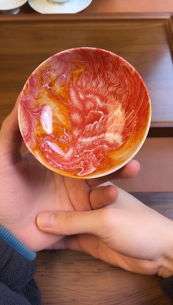 问青坊纯手工手绘矾红凤凰涅槃重生普洱杯