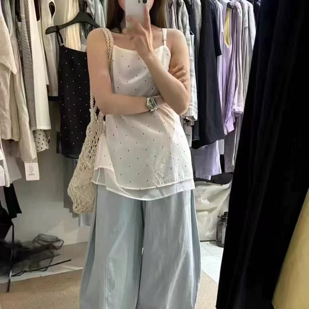 6010氧气欧尼 夏日波点慵懒拼接网纱吊带上衣