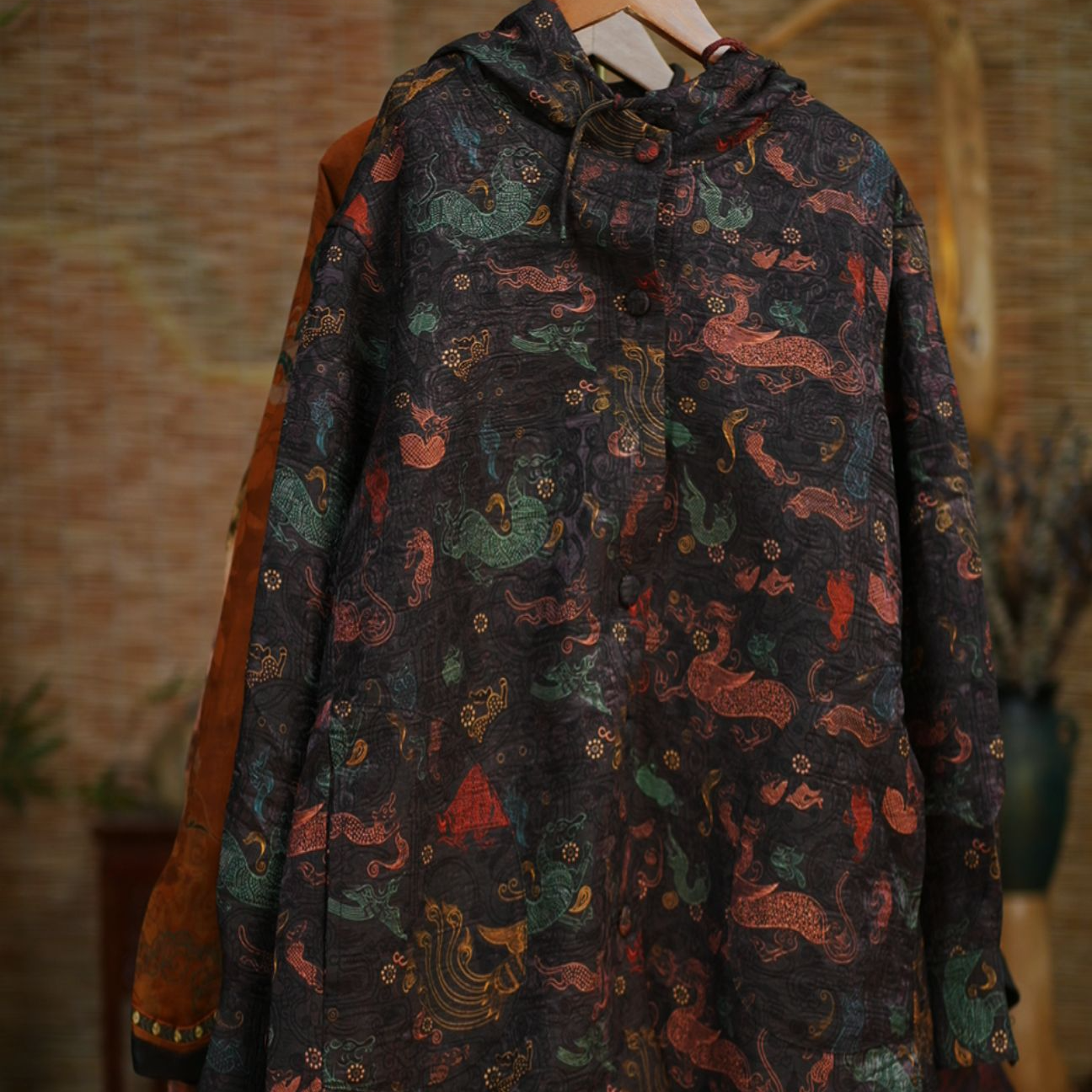 【鸟锦瑞兽上衣】秋季上衣中国风中长款连帽时尚长款鸟锦瑞兽上衣