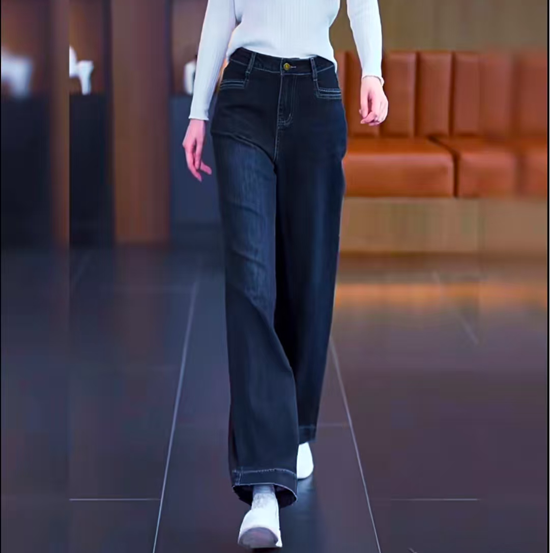 2025秋冬新款加绒直筒阔腿牛仔裤时尚百搭显瘦女裤子8916长100