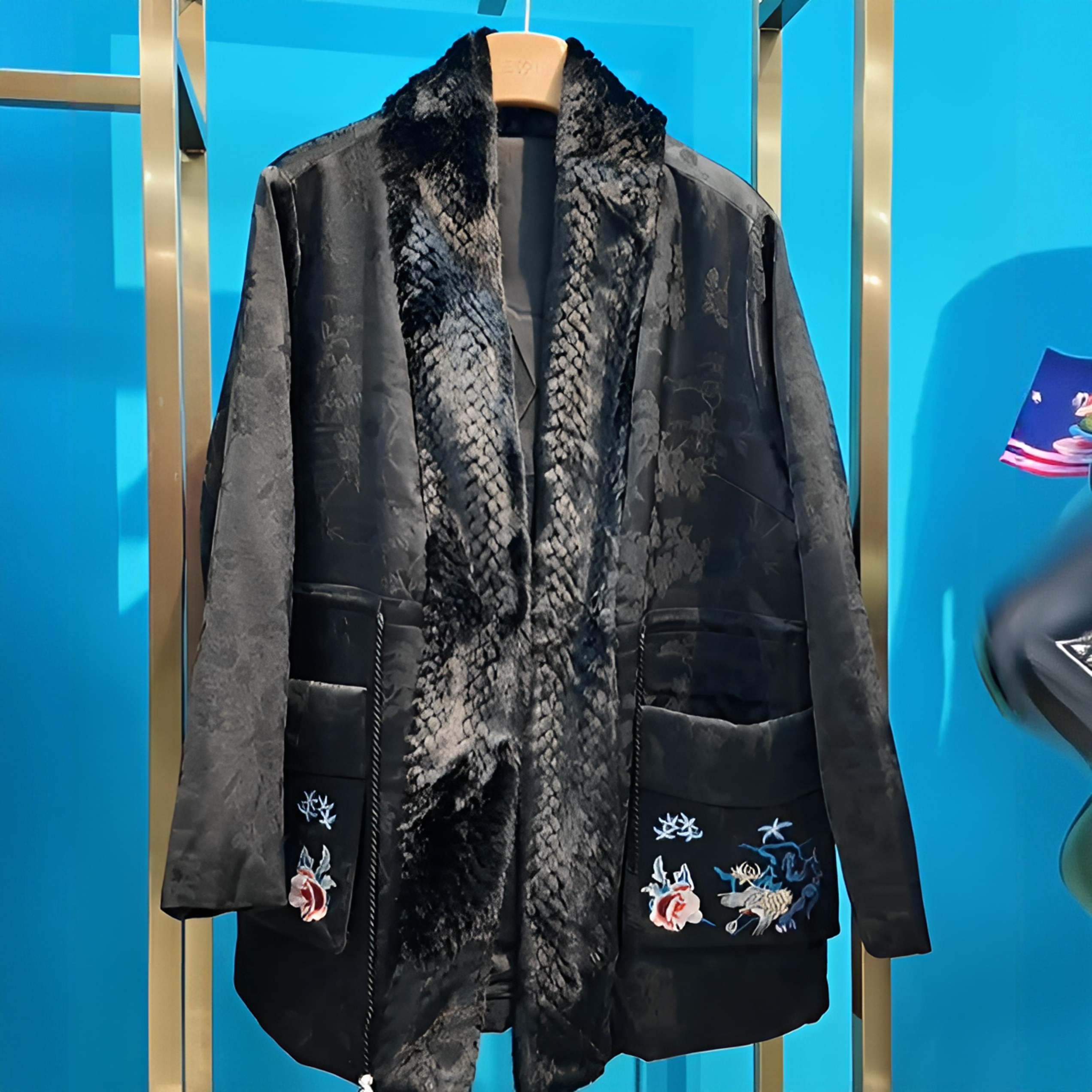 新中式国风毛领设计师款刺绣暗纹提花口袋显瘦休闲保暖短款棉服