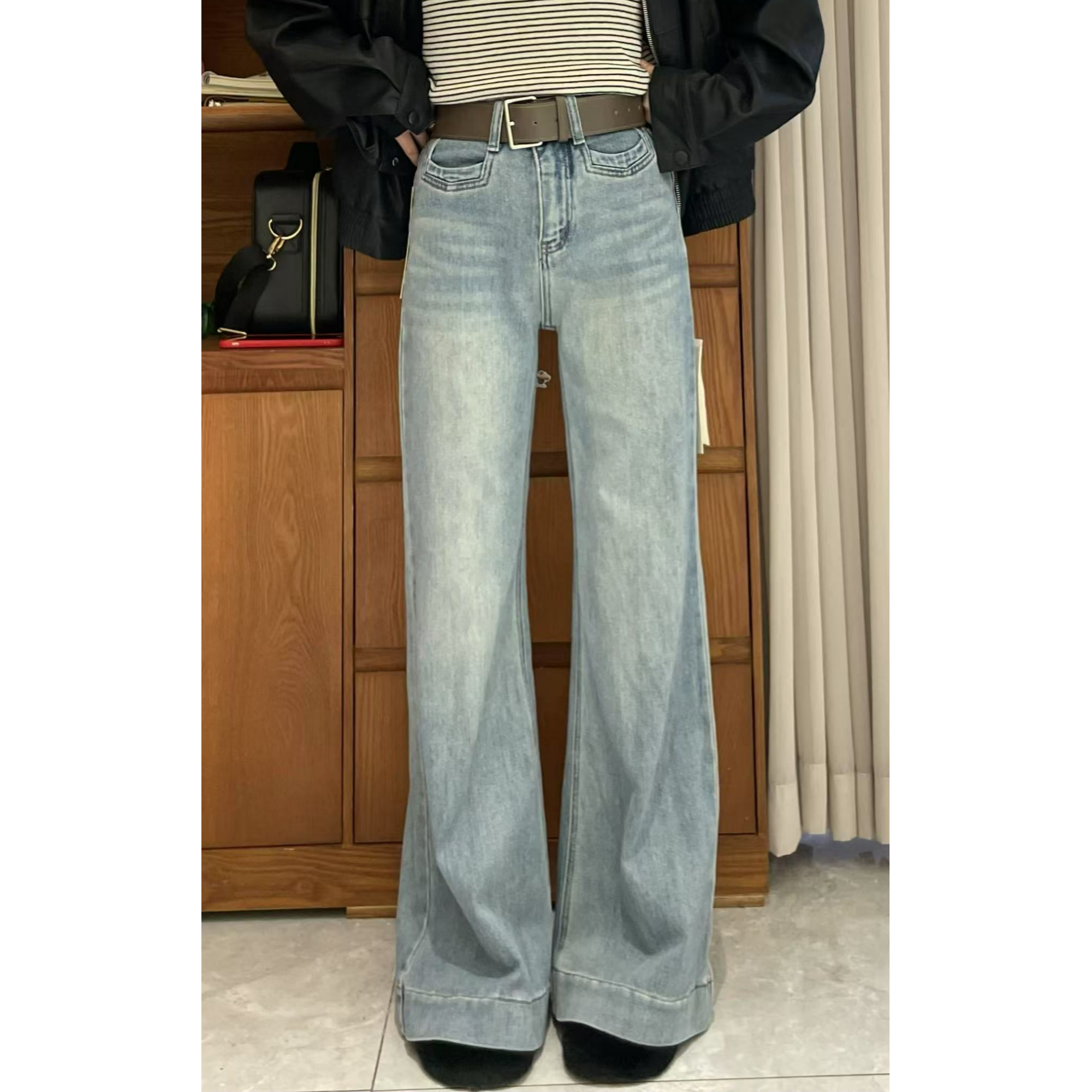 [本家推荐]高腰女微喇裤复古阔腿牛仔裤长裤复古春秋显瘦小众裤子