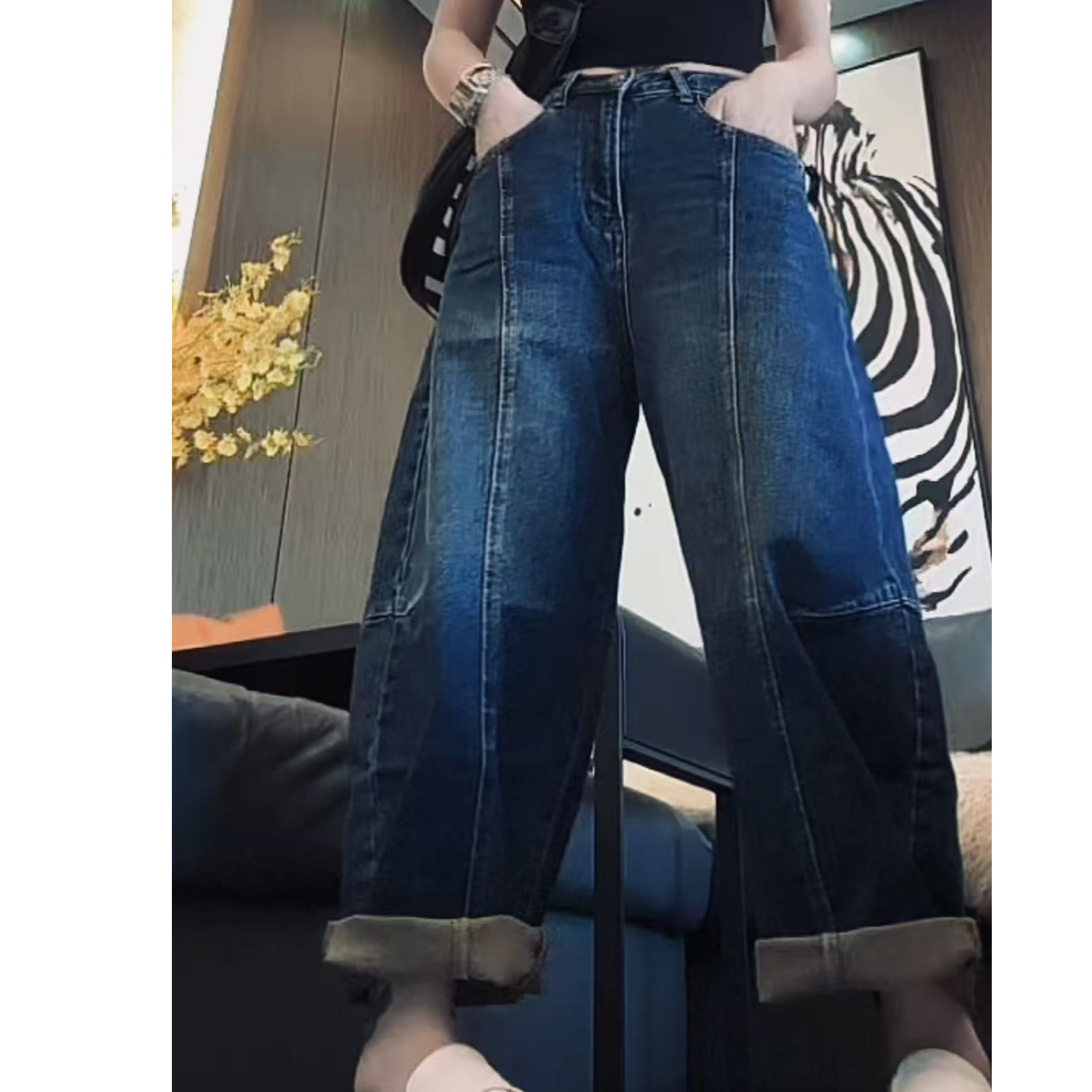 阿娟家时尚百搭6873石磨水洗蓝色微弹弯刀奶奶牛仔裤