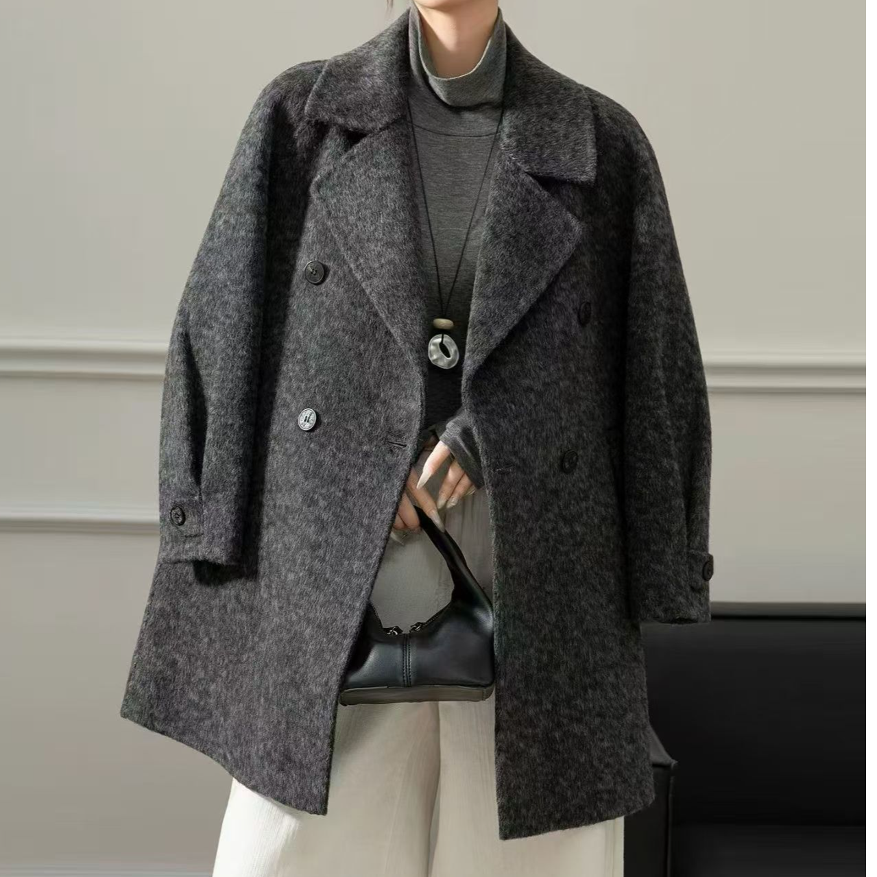 （缺货勿拍）纯色常规宽松型短款秋冬毛呢外套外套时尚气质长款