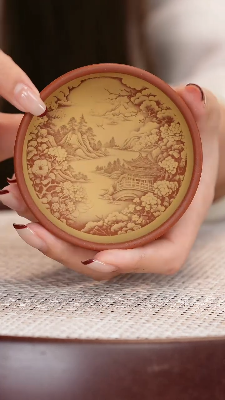 紫砂茶杯朱泥山水杯