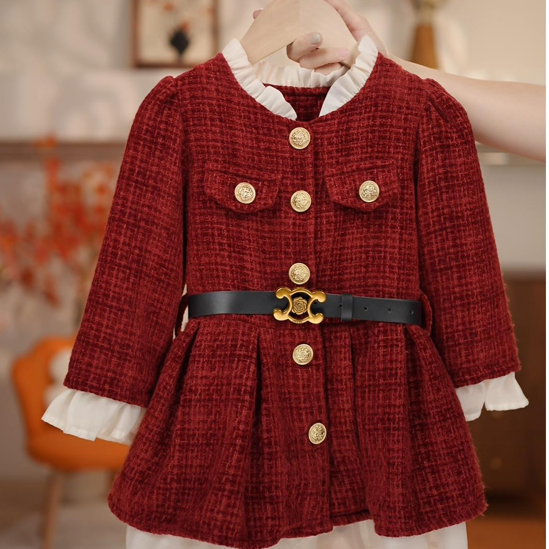 【粉丝福利】秋冬加绒连衣裙女童小香风新款红色花边公主裙儿童裙子