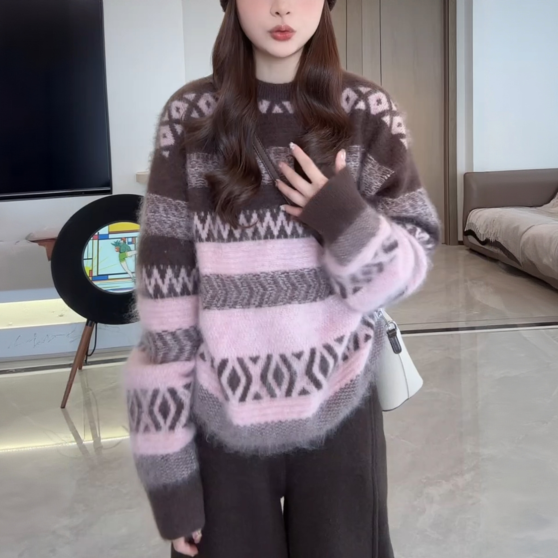 仿貂毛圆领撞色套头针织衫女秋冬法式复古新款显瘦保暖长袖毛衣女