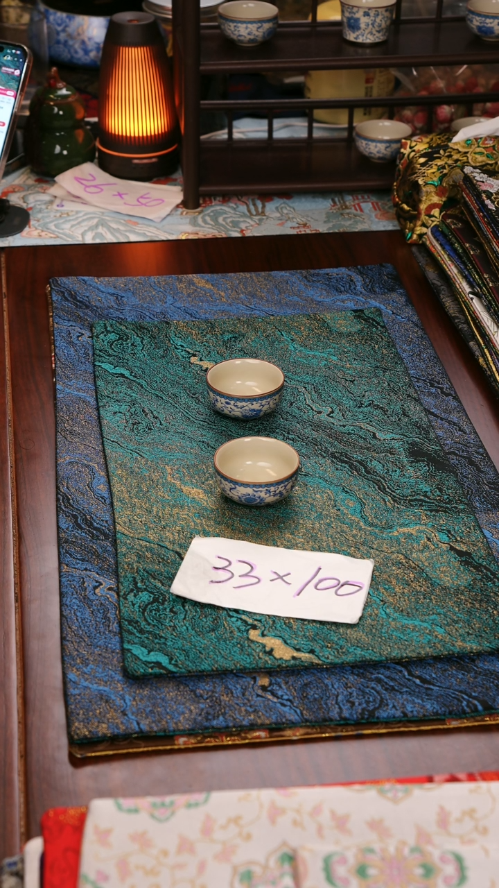 【鎏金蓝绿双面】中国风干泡织锦茶席33*100