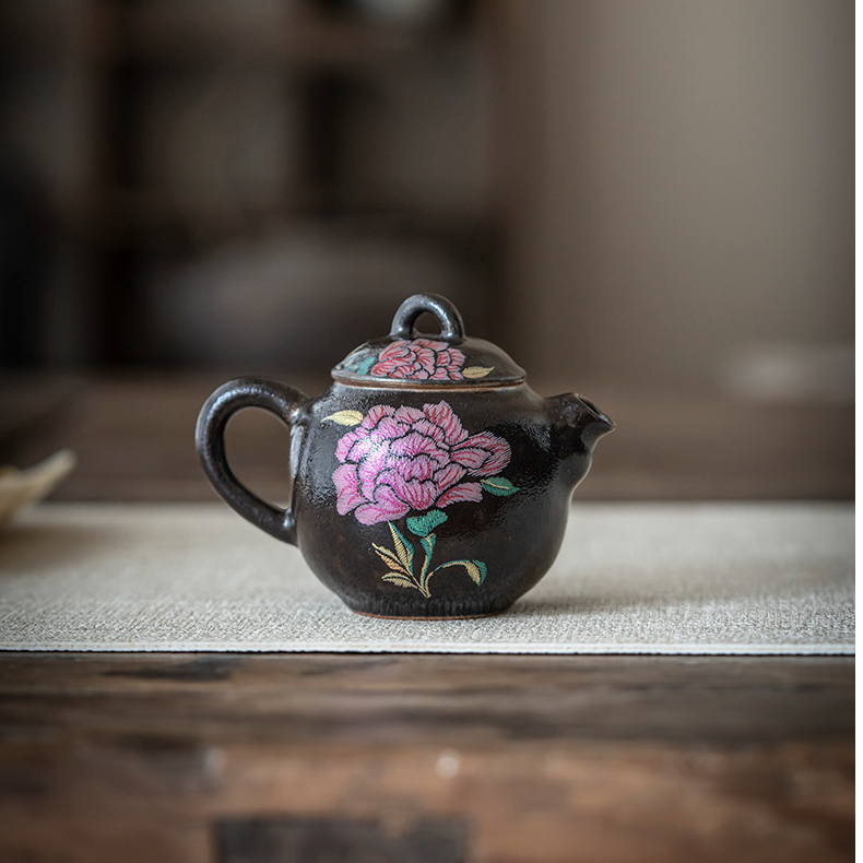 四海新品【缂丝牡丹短嘴梨壶】中式复古精美陶瓷茶道器具茶壶