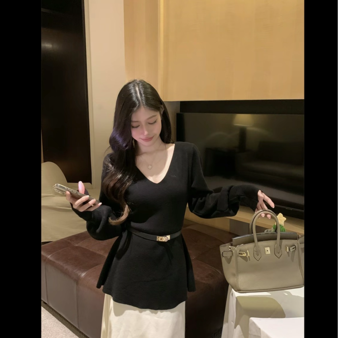 「配腰带·运补3-5」2025秋冬气质高贵收腰显瘦打底小众长袖T恤上衣