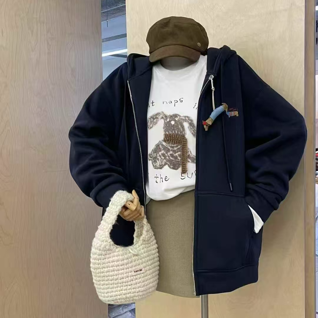 【摩姐姐欧韩】25804新款慵懒风加绒加厚腊肠狗连帽卫衣开衫