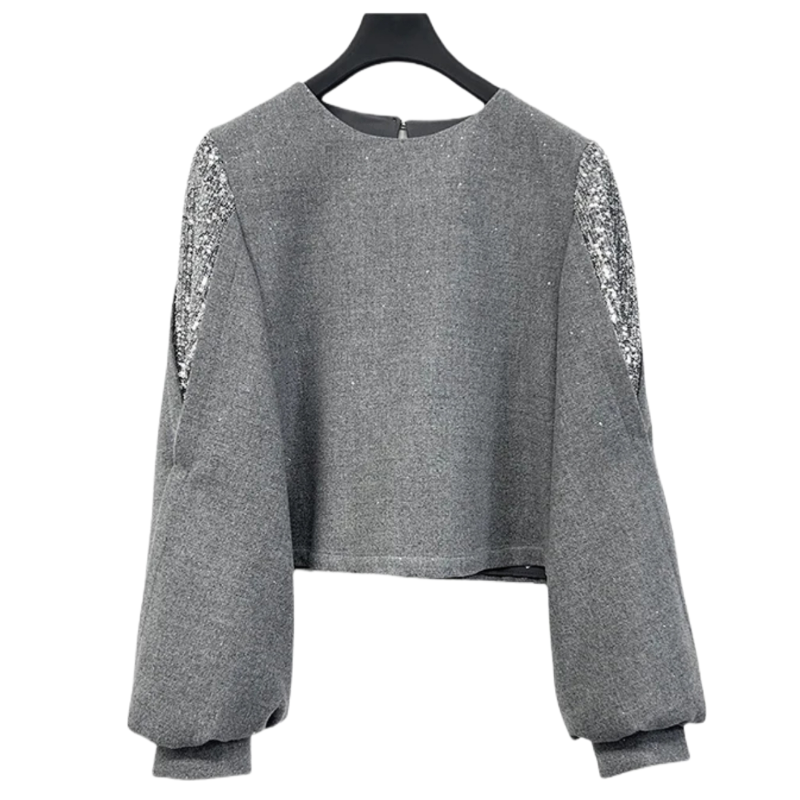 老钱风蕾丝气质长袖套头呢料针织时尚女士设计师圆领灰色上衣女