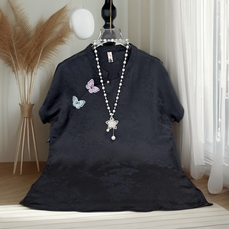 【玄蝶】夏季新款2025提花套头圆领立领上衣潮流半袖千金风