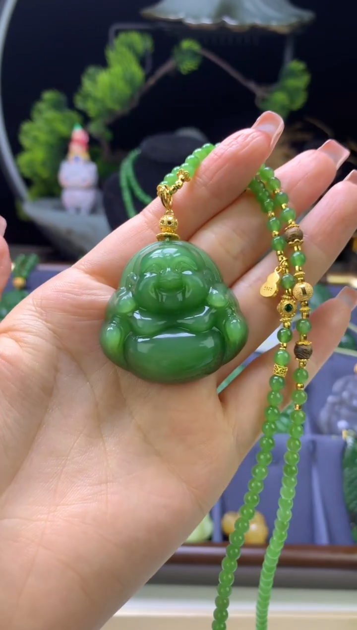 颈饰未镶嵌和田玉俄料碧玉38阳绿佛公