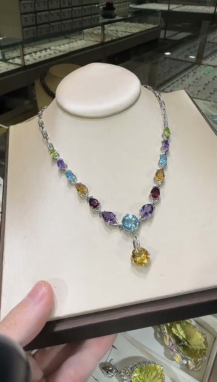 颈饰银S925镶嵌水晶多彩宝石套链10mm
