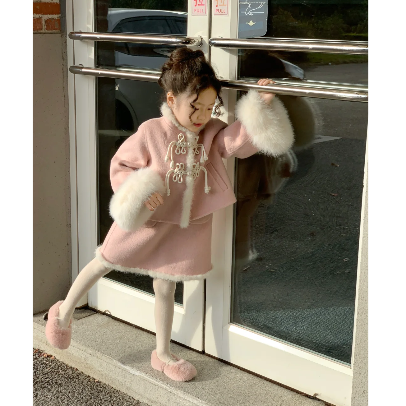 现货）壹妈童装女童新中式套装秋冬小女孩粉色外套背心裙两件套