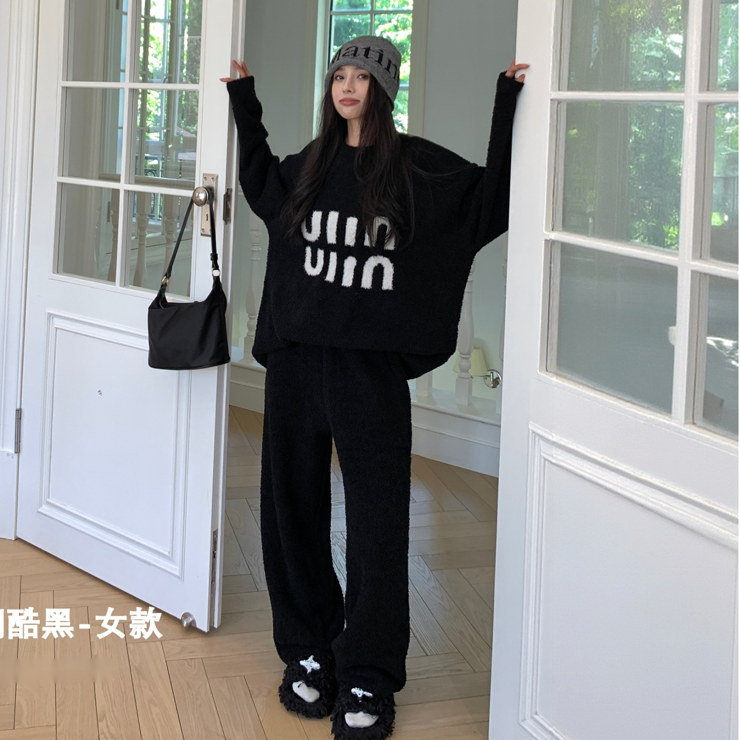 半边绒情侣MM套装冬季新款家居服睡衣圆领韩版长袖网红休闲