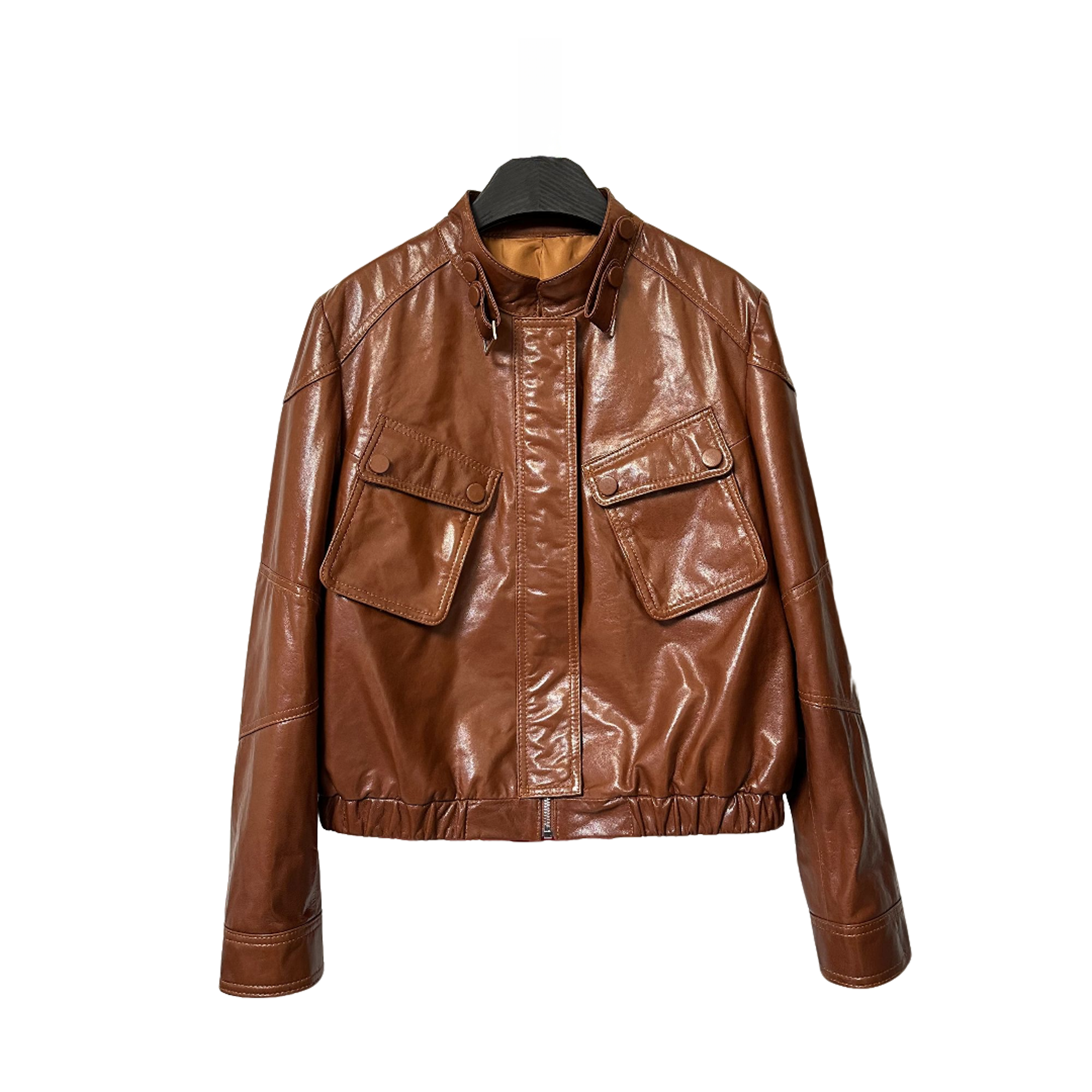 【JY】2025海宁春季新款女款绵羊皮油腊外套百搭潮流气质立领上衣