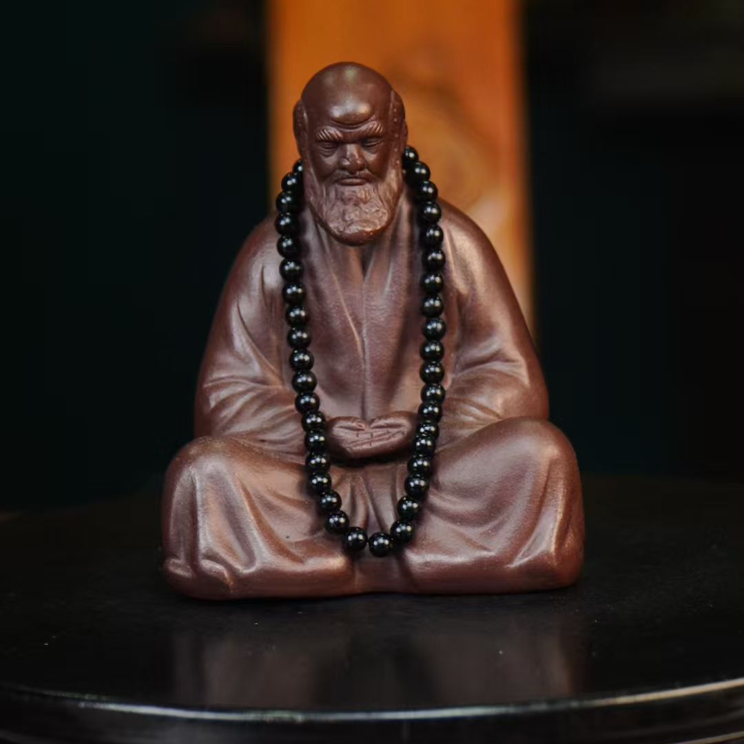 佛珠达摩（带佛珠） 宜兴紫砂茶宠摆件来泳