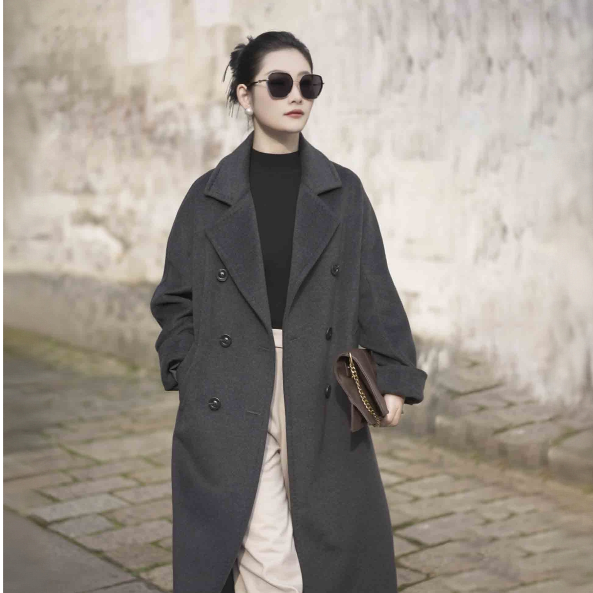 德莱妮思【801款】双排扣气质长款灰加厚羊绒大衣秋冬慵懒百搭休闲