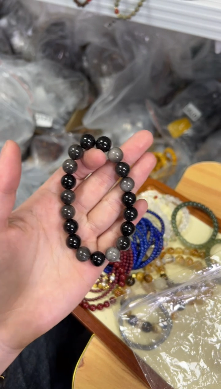 【闪购商品】黑曜岩手链未镶嵌银曜石圆珠素圈手串[0663]