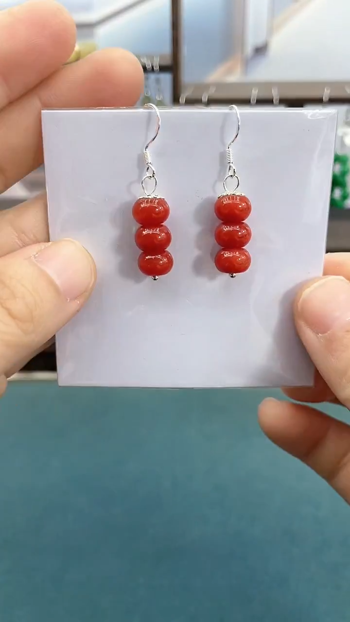 银S925镶嵌南红玛瑙耳饰8mm红竹节耳钩