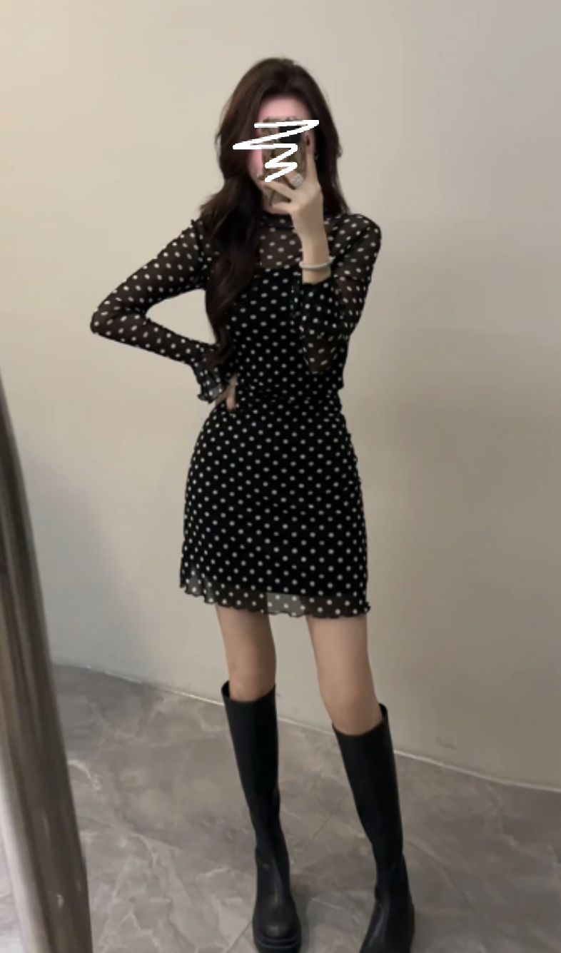 长袖圆领修身波点连衣裙时尚显瘦气质初秋新款裙子3409#