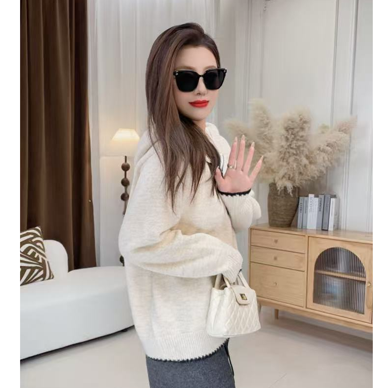 连帽羊毛混纺毛衣冬季穿搭慵懒高级感宽松大码女装 6963
