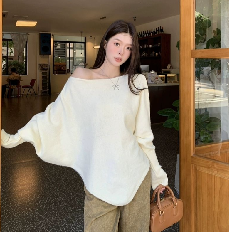 慵懒风V领针织衫毛衣外套2025秋冬新款不规则设计感蝙蝠袖女上衣