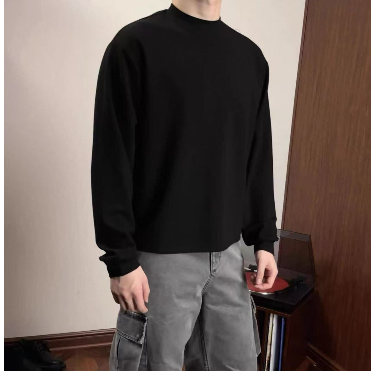 【新人福利】秋冬简约休闲小领口基础打底长袖T恤宽松百搭纯色男女