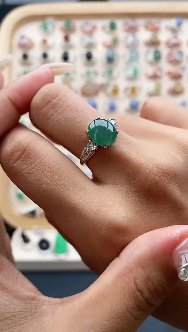 【闪购商品】翡翠戒指银S925镶嵌缅甸天然A货翡翠222  5+10