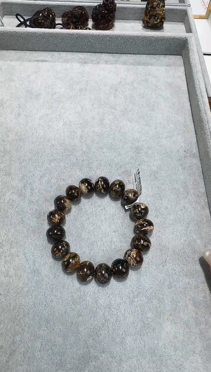 手链琥珀未镶嵌抚顺琥珀  黑金干白花    15MM