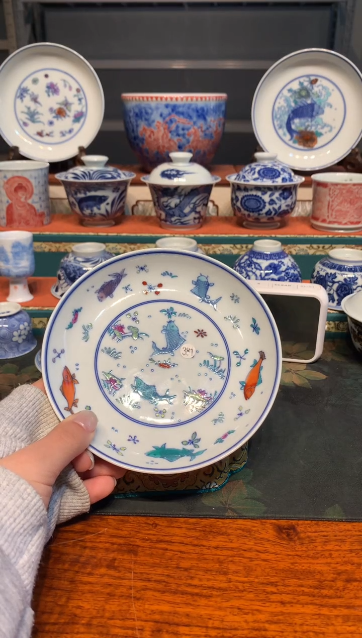 湖**静斗彩鱼藻纹壶承额额