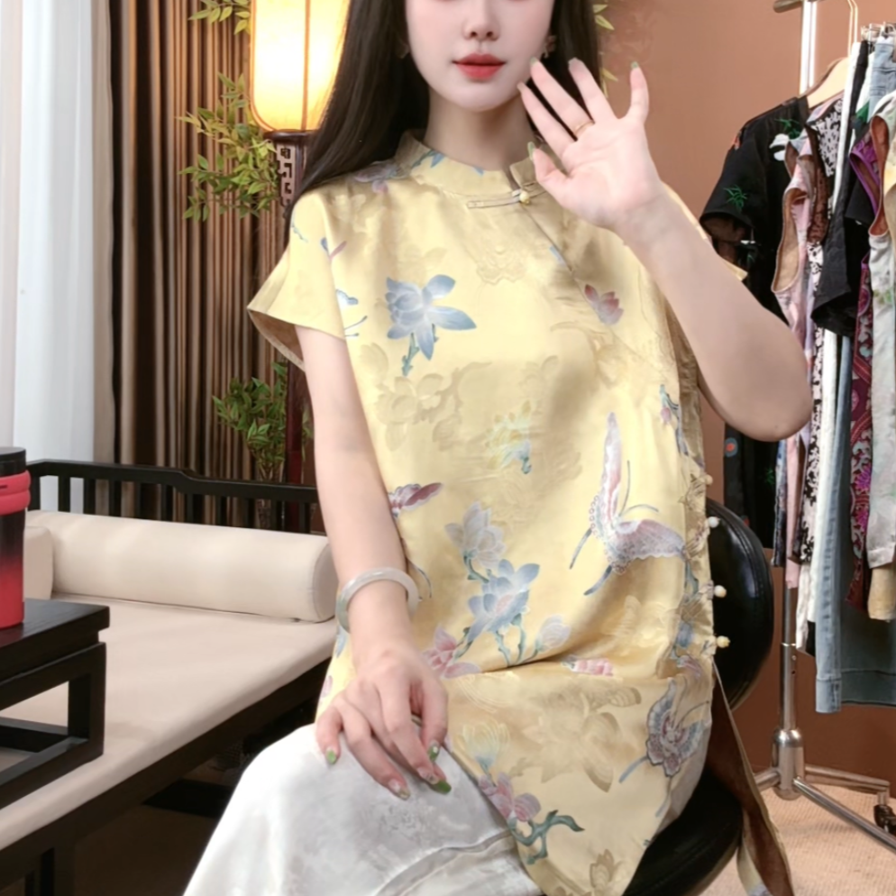 夏季新中式国风桑蚕丝复古短袖时尚提花修身百搭上衣女S170