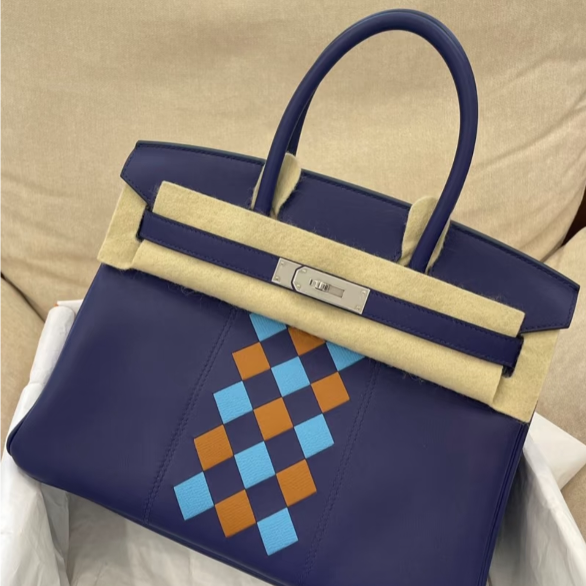 99新 Hermes/爱马仕 birkin30墨水蓝 银扣 编织款 S皮  D刻