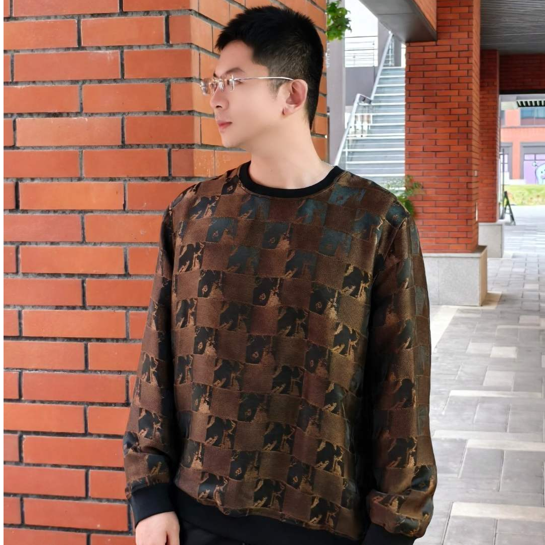 月下扬帆2025秋冬新款男装100%桑蚕丝香云纱重磅提花圆领男士卫衣