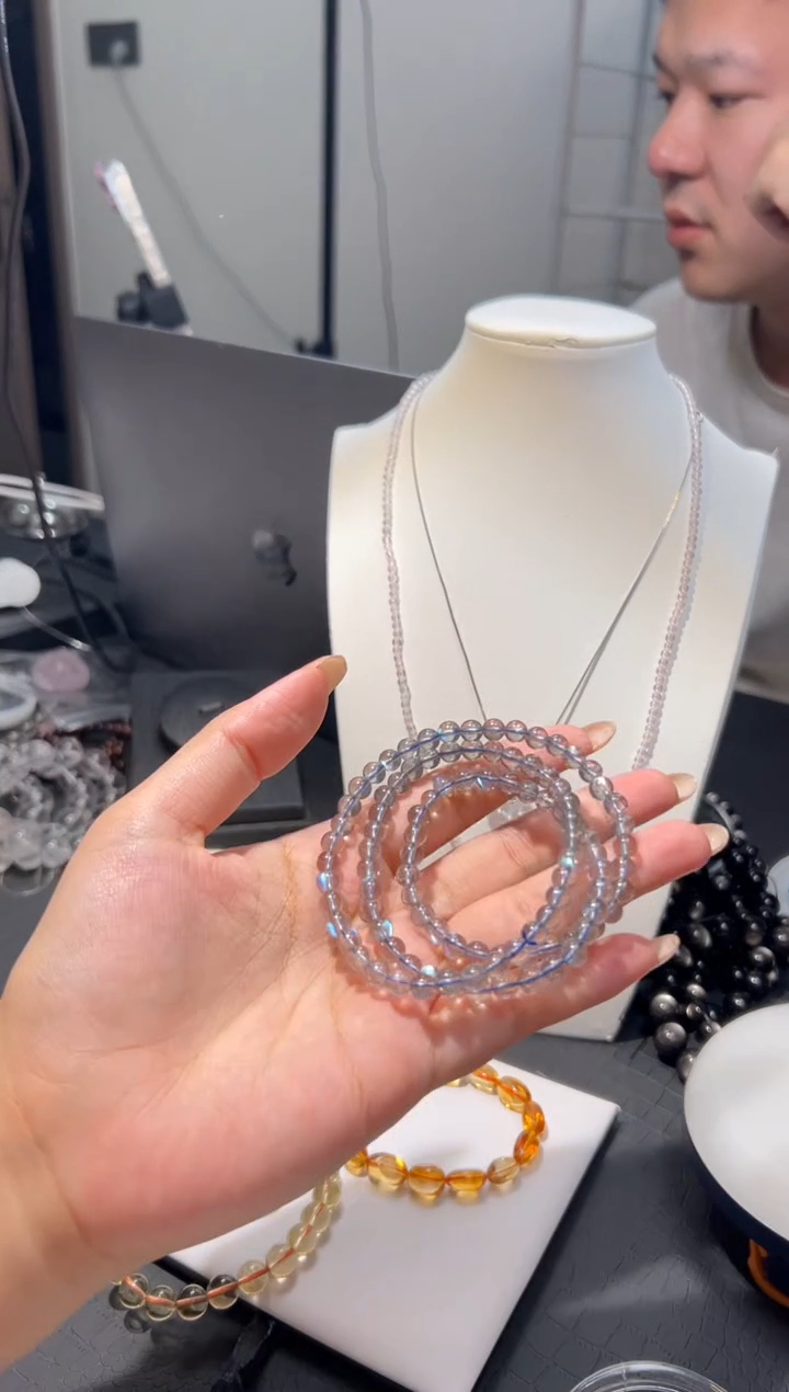 未镶嵌手链长石天然灰月光三圈手串