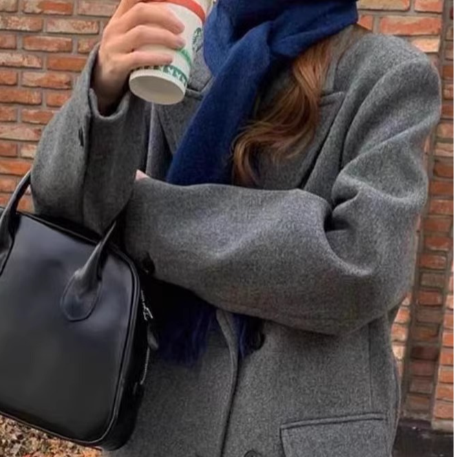 2024秋冬新款韩版高端西装式双面羊毛大衣女高级灰色加厚毛呢外套