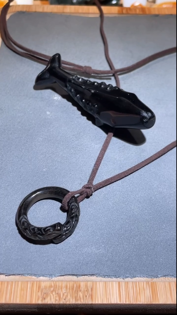 未镶嵌黑曜岩珠宝奇石Q001772+Q001882 鲲+ 戒圈+皮绳+文玩袋