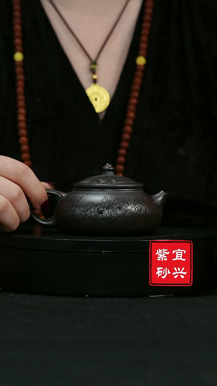【闪购商品】紫砂茶壶18  牡丹寒江刻绘  手工紫砂壶