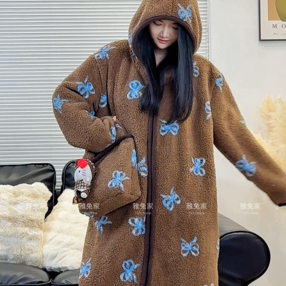 【雅兔家】冬季米粒绒小熊芭蕾-加厚保暖舒适家居被窝长款女睡袍