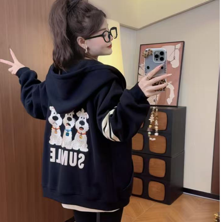 可爱小狗绣花全拉链卫衣美式休闲秋季开衫男女款黑色韩版外套