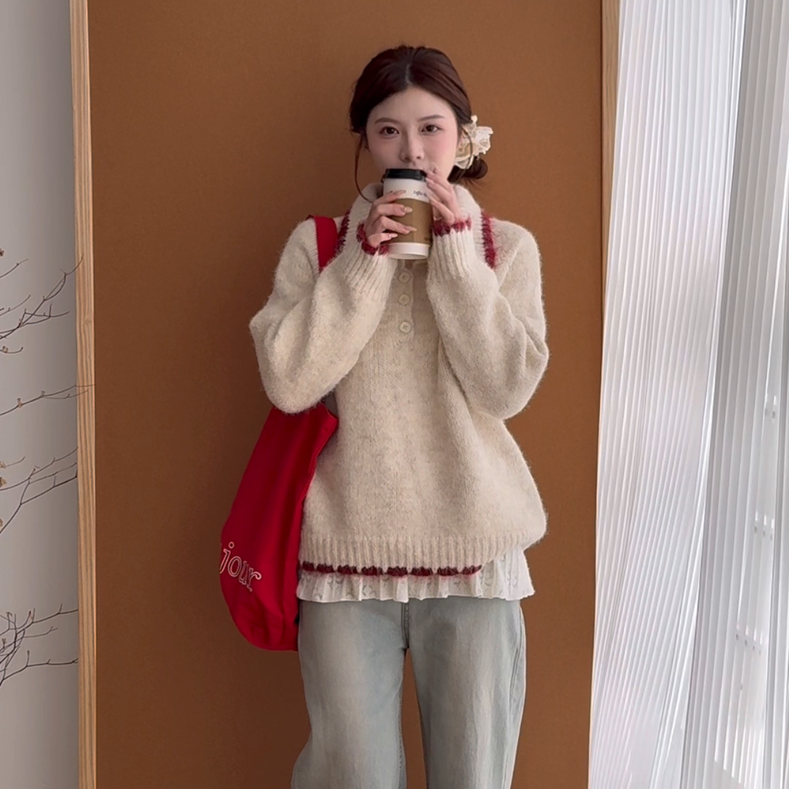 法式POLO领针织毛衣女秋冬2025新品显瘦巨好看温柔软糯撞色上衣