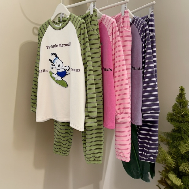 秋冬奥利绒睡衣套装女长袖卡通小狗粒粒绒弹力保暖束口家居服学生