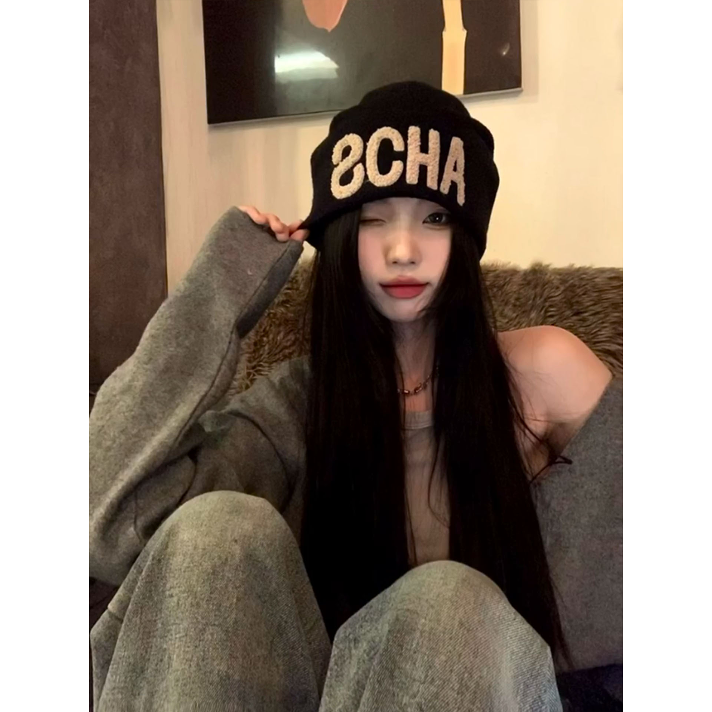 韩版小香风格刺绣字母堆堆帽秋冬大头围百搭冷帽保暖套头毛线帽